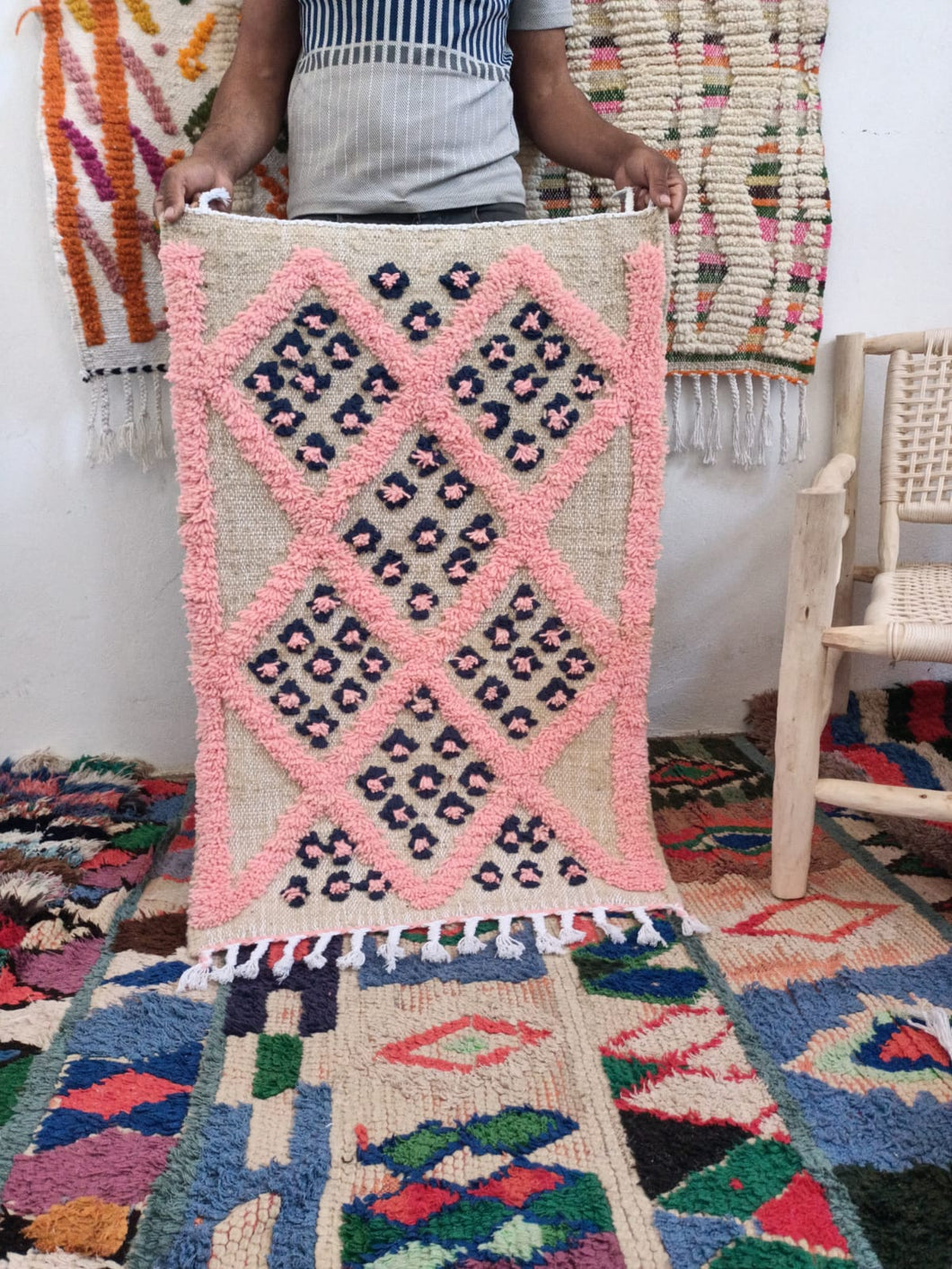 Tapis Béni Ouarain Neuf tissé sur un Kilim Neuf Pink 3