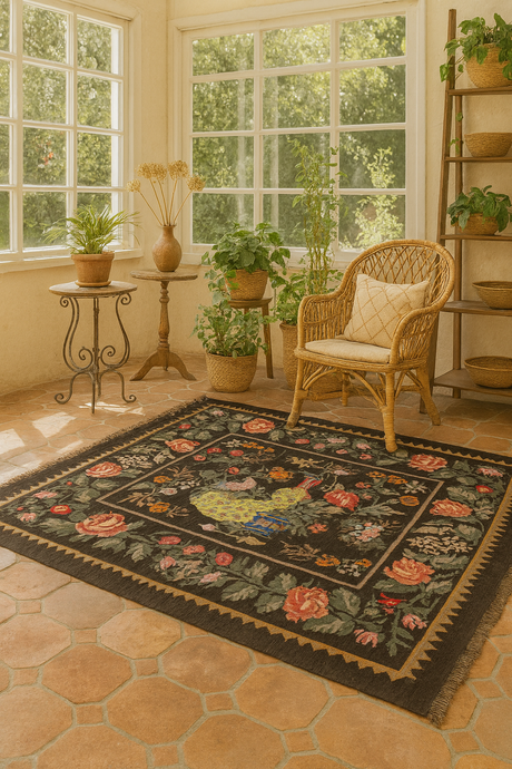 Tapis Moldave avec oiseau dans une véranda