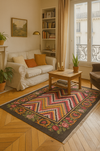 Tapis Moldave géométrique taille moyenne. Dans un salon parisien.