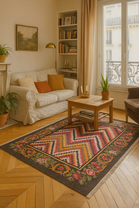 Tapis Moldave géométrique taille moyenne. Dans un salon parisien.