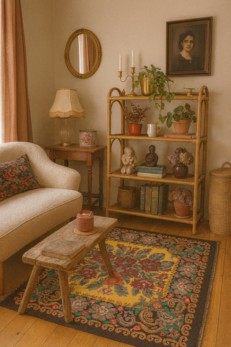 Joli tapis Moldave de taille moyenne tons jaunes et vert. Rozen kilim. authentique.